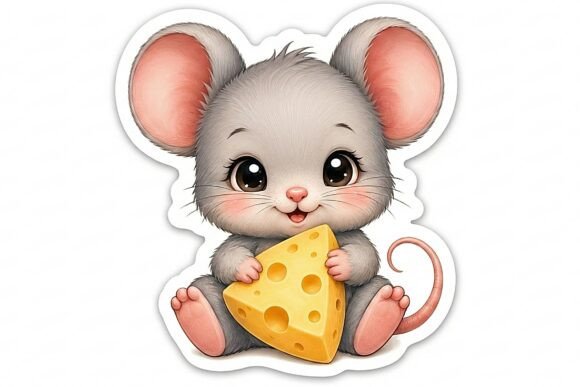 Cute Baby Mouse with Cheese Sticker PNG