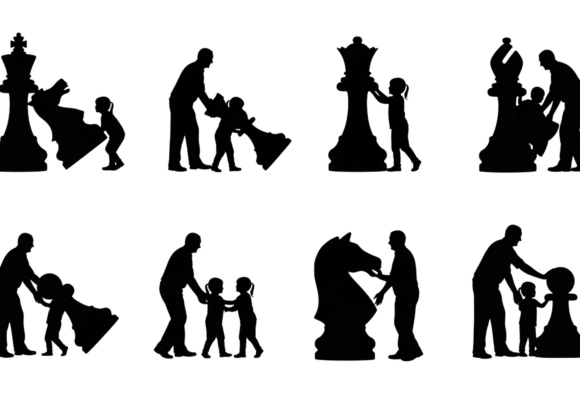 Father and Child Chess Silhouette SVG